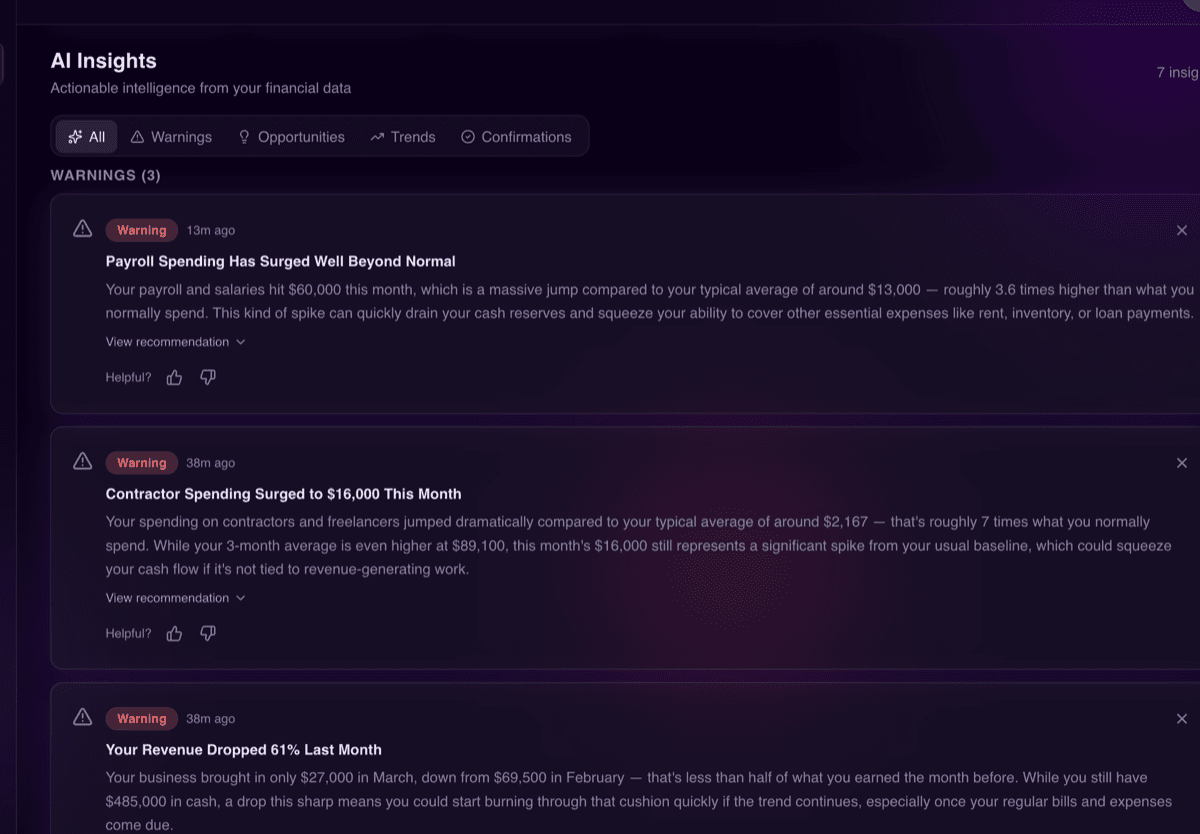 Vectrly AI insights feed showing financial analysis with actionable recommendations